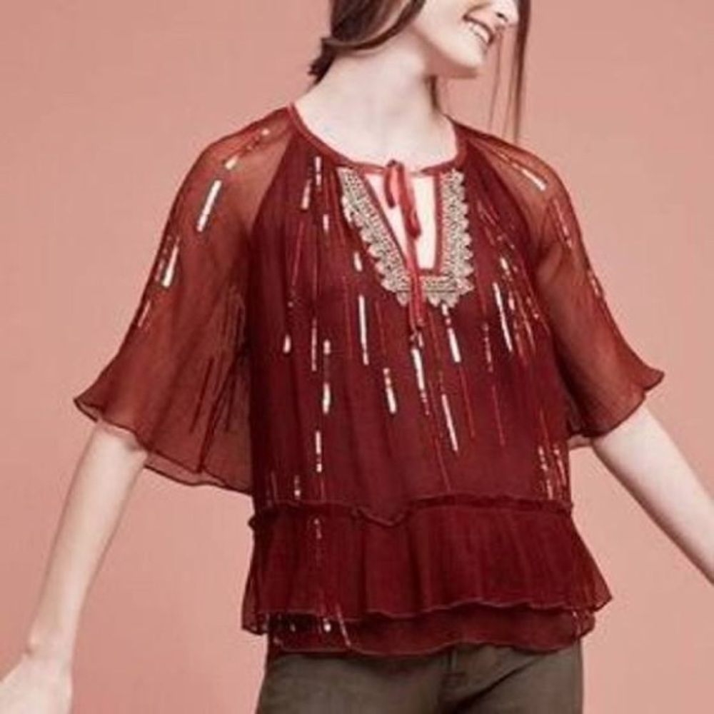 Anthropologie Burgundy Blouse with Embellishments
